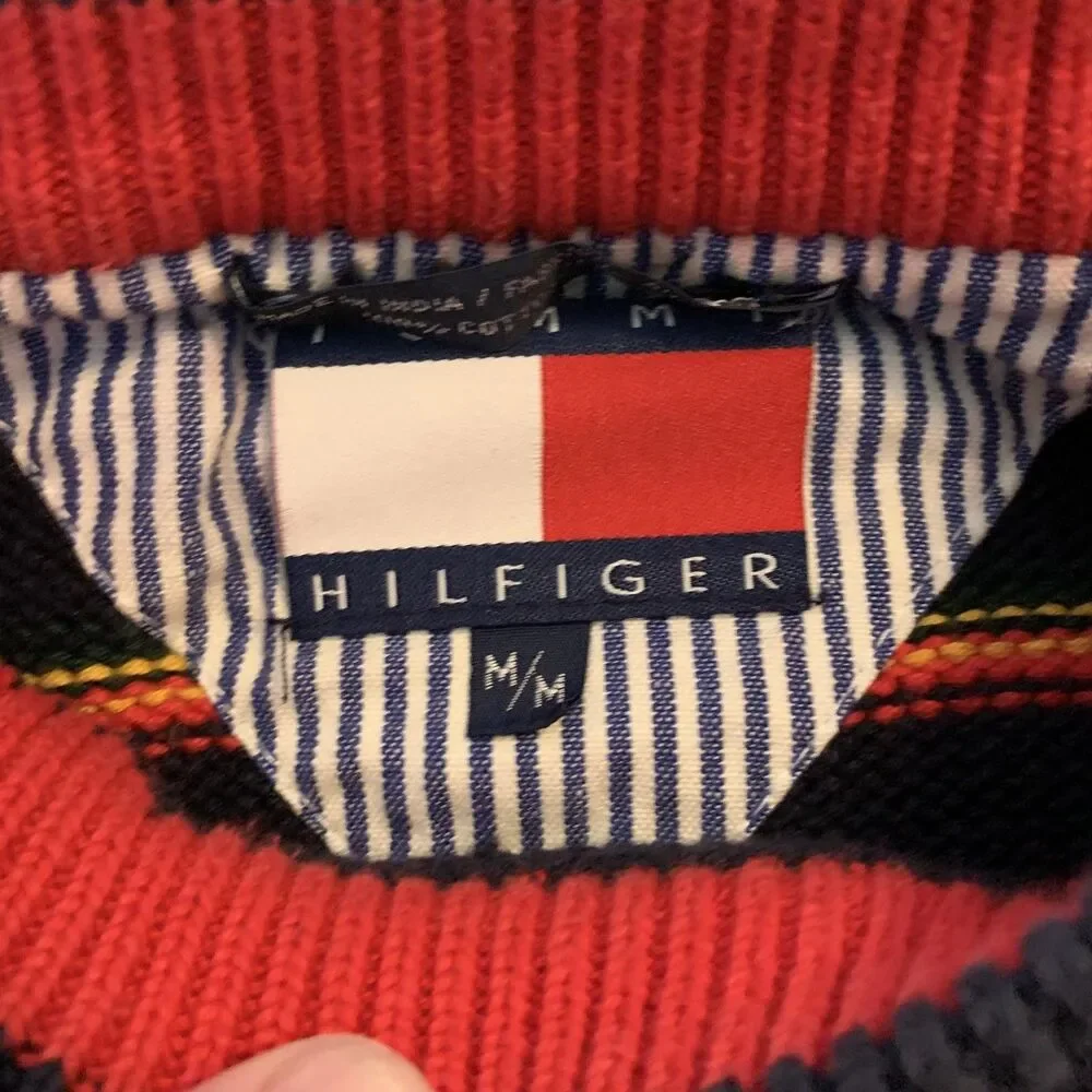 Tommy Hilfiger Sweater Mens Medium Navy Striped V Neck‎ Cotton Pullover Crest